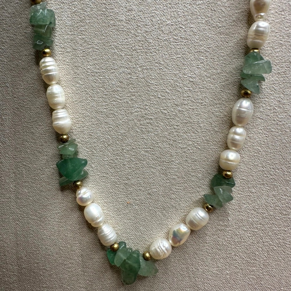 Women Necklace Green White Freshwater Pearl Aventurine Boho Coastal Gold Earthy